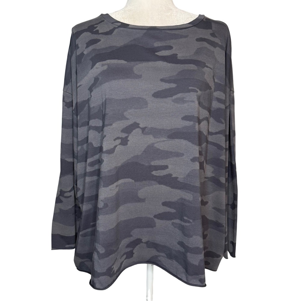 Planet By Lauren G Drop Shoulder Long Sleeve Top One Size Pima Cotton Camo